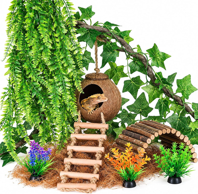 HERCOCCI Crested Gecko Tank Accessories, Reptile Hanging Plants Vines with Natural Coconut Shell Hideout & Climbing Ladd