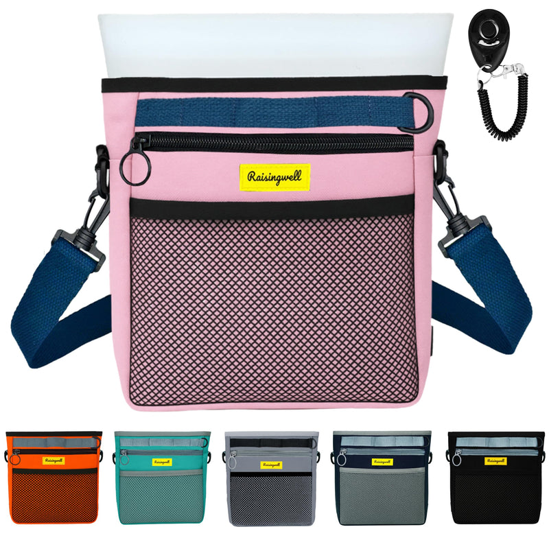 Raisingwell Dog Treat Pouch with Magnetic Closure 4-Cup Silicone Bag Fanny Pack Holder with Clicker 4 Ways to Wear Front Pocket Fits All Phones Ideal for Leash, Pet Walking and Training(Pink)