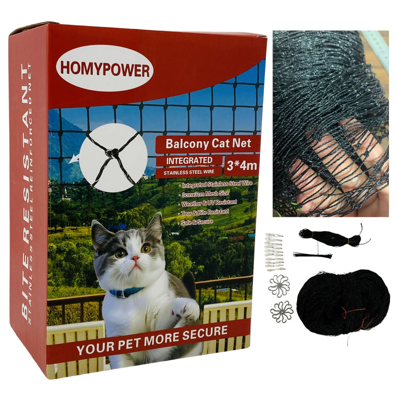 HOMYPOWER Cat Netting Balcony, 10x13 ft Stainless Steel Reinforced Bite Tear UV and Weather-Resistant Anti-Fall Netting for Pets, Safety Net for Cat, Small Catio for Apartment Balcony Protection