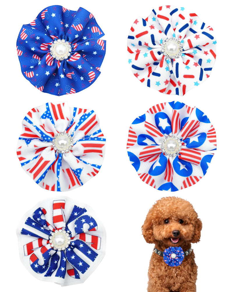 PET SHOW 5 Pack US Flag Patriotic Dogs Collar Embellishment Bow Attachment Flower for Small Medium Dog Cats Independence Day June 14 Flag Day Holiday Party Grooming Collar Charms Accessories