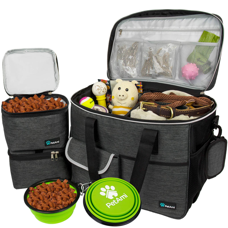 PetAmi Dog Travel Bag, Travel Pet Bag Organizer, Dog Food Travel Bag with Container Collapsible Bowls, Pet Travel Supplies Gift Accessories for Weekend Camping, Puppy Cat Diaper Bag, Charcoal Large
