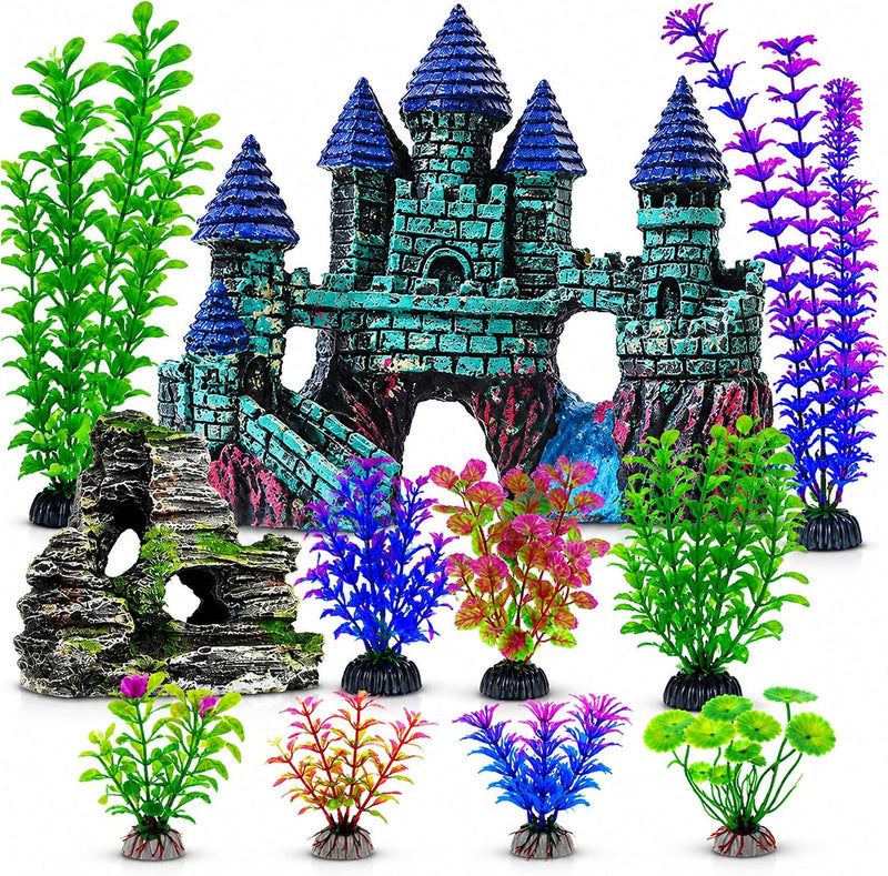 Mechpia 13 Pieces Aquarium Decorations Kit, Fish Tank Decorations Set Small Resin Castle and Rockery Betta Fish Cave Hid