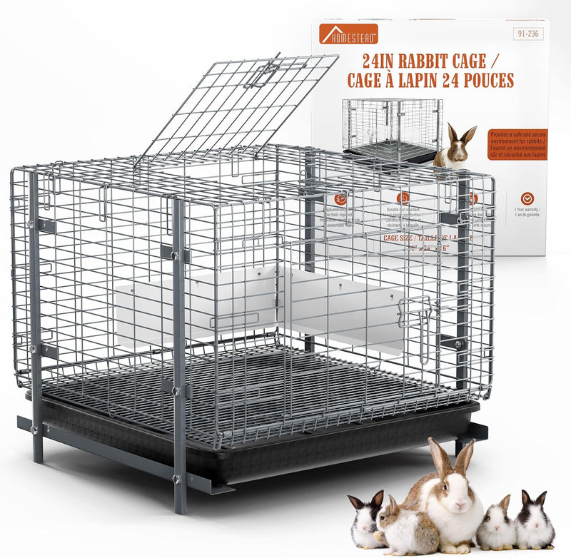 HOMESTEAD Rabbit Cage with Pull-Out Tray – 24 Inch Bunny Cage, Metal Rabbit Breeding Cage, Dual Access Doors, Waterproof