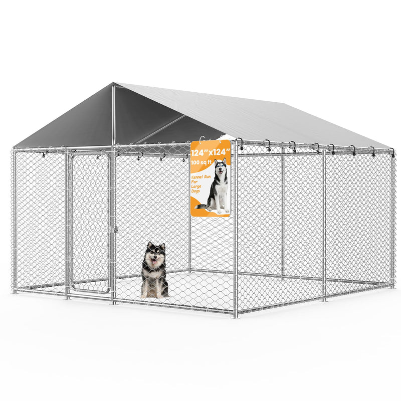 barlb 10x10 FT Outdoor Dog Kennel with Waterproof Roof - Heavy Duty Metal Exercise Pen, Weatherproof UV-Resistant Cover & Secure Locking for Large Dogs(124 x 124 x 87IN)
