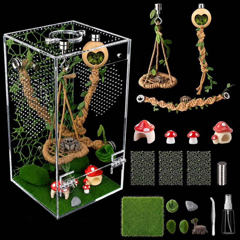 Jumping Spider Enclosure Kit, Pre-Assembled Acrylic Spider Enclosure with Magnetic Door, Clear Spider Terrarium Habitat