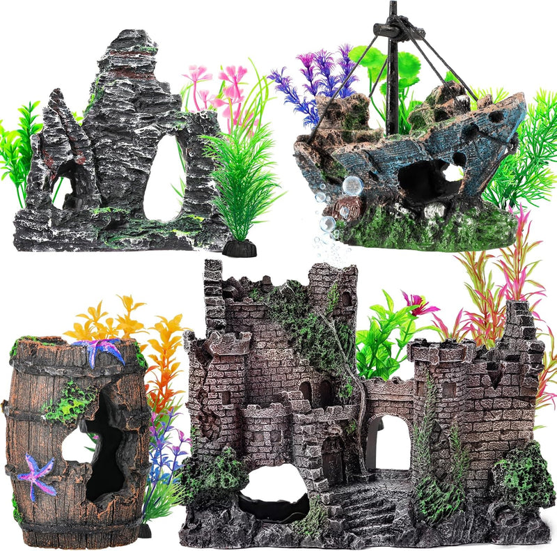 CousDUoBe 14 Pcs Aquarium Decorations Large Kit,Castle Fish Tank Bubbler Decorations,Starfish Barrel, Resin Cave Rock,Re