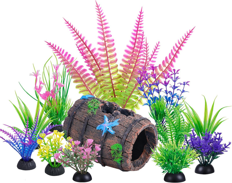 Ameliade 11 Aquarium Plants & Fish Tank Broken Barrel Cave Decorations Set