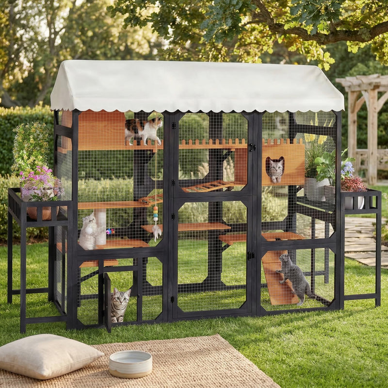 Trygoal Large Outdoor Cat Enclosure Wooden Catio, Multi-Level Cat Playpen with Weather-Resistant Roof, Resting Box, Climbing Ramps, Wire Mesh & 2 Plant Stands for Backyard Patio, Black
