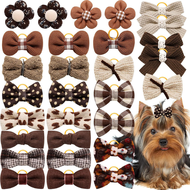 20Pcs Brown Dog Hair Bows with Rubber Bands for Small Medium Dogs
