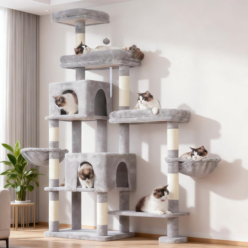 Hey-brother Cat Tree Tower, Scratching Posts with a Extended Part, Wide Platforms, Cozy Condos, Hammocks, Sisal Columns and Ball for Indoor Cats, 70.1 Inches, Light Gray MPJ038W