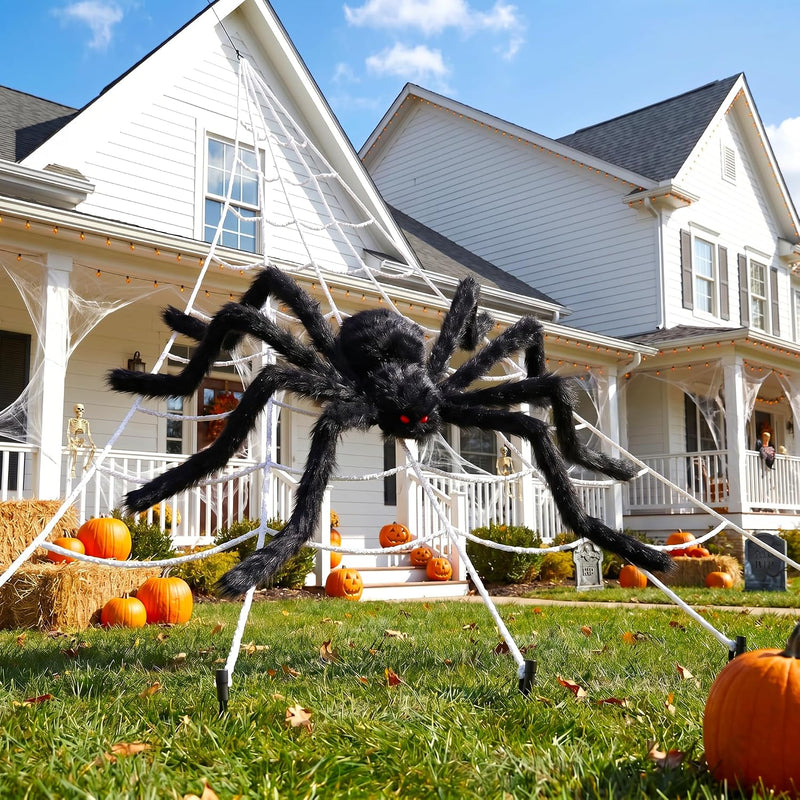 Land Guard 236'' Big Spider Web Halloween Decor+70'' Huge Spider for Roof with Triangular Big Web for on House Outside a