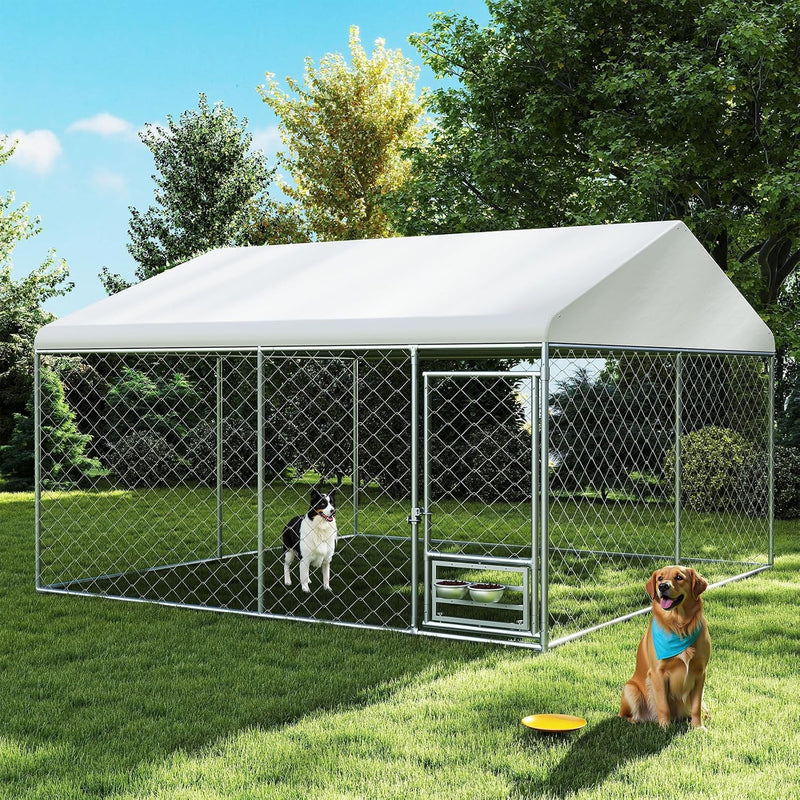 Rovibek 10x10 Ft Dog Kennel Outside, Outdoor Dog Kennel with Roof, Dog Kennels Outdoor with Steel Rotating Feeder Bowls,