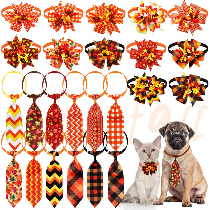 Mruq Pet 24Pcs Fall Dog Collar Bow Ties, Adjustable Autumn Thanksgiving Pet Neckties with Curly Ribbons, Maple Leaf Pumpkin Grooming Accessories for Small Dogs