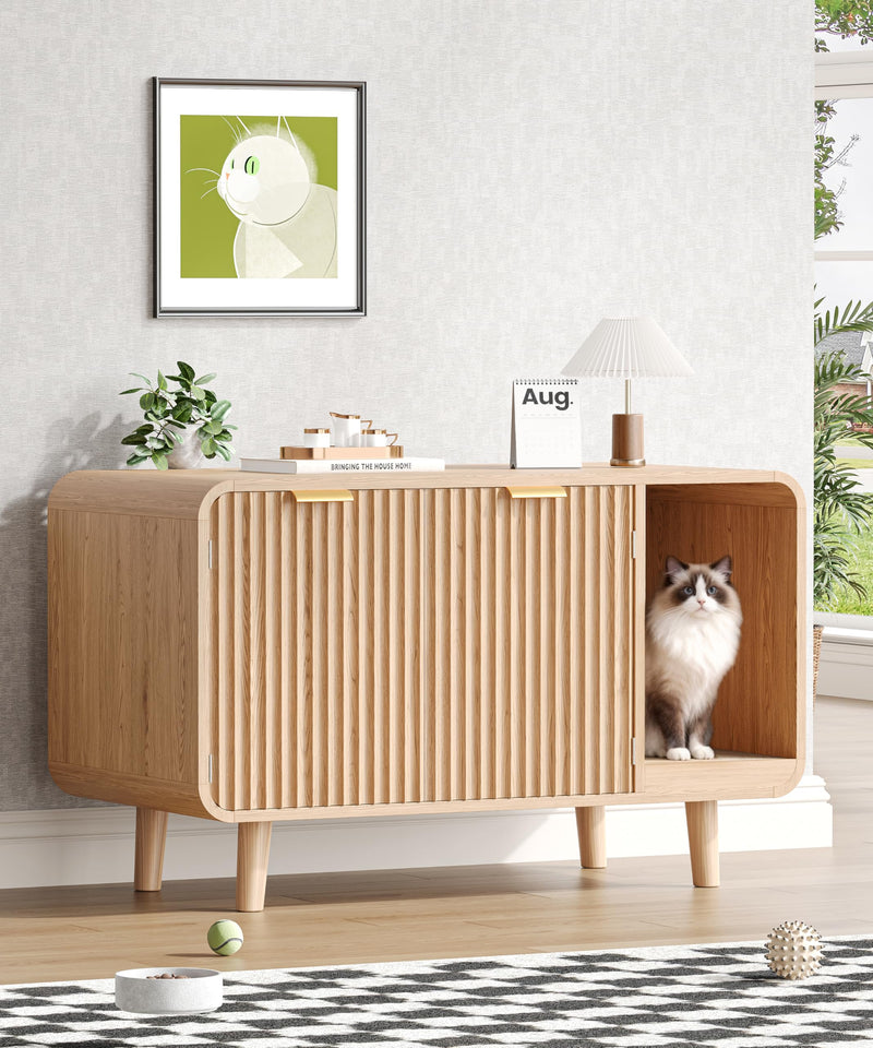 Zeibospri Fluted Cat Litter Box Enclosure with Solid Wood Legs, Hidden Cat Litter Cabinet, Modern Cat House Furniture, Reduce Litter Tracking, 31.5 x 19.7 x 22 Inches, for Living Room, Bedroom, Oak