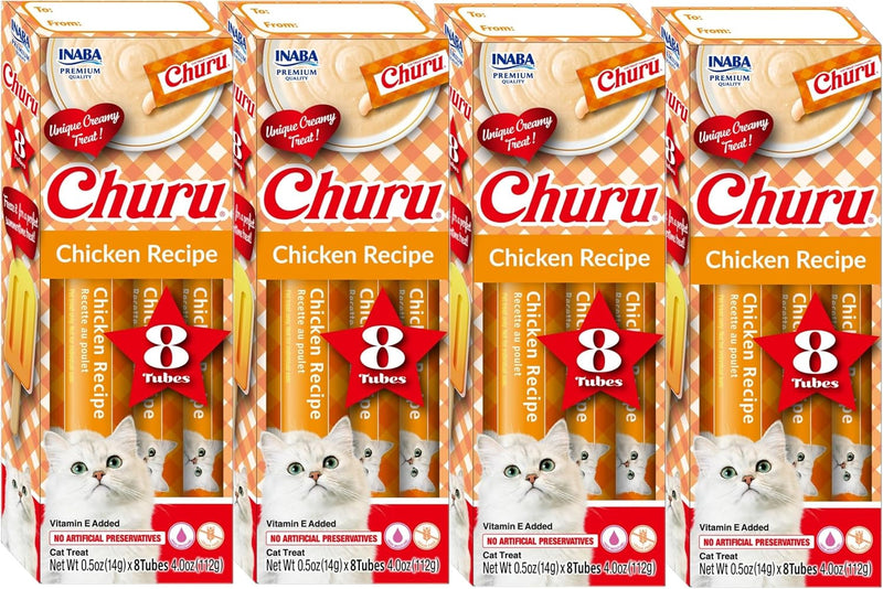 INABA Churu Lickable Purée Natural Cat Treats Gift Box- Chicken Recipe, 32 Tubes (4 Gift Boxes of 8 Tubes Each)