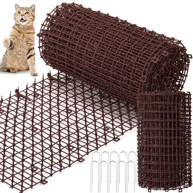 Sanwuta 2 Pcs 26.3 ft Cat Spike Mat Outdoor Cat Deterrent Mat with Spikes Prickle Strips Indoor Dog Digging Deterrent Anti Network Spikes with 10 Staples for Garden Fence(Brown)