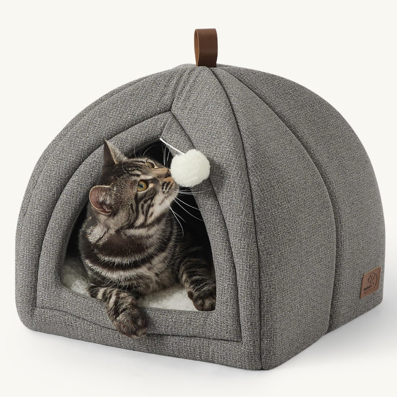 Bedsure Cat Beds for Indoor Cats - 2 in 1 Cat Cave House Tent for Kittens and Small Pets with Removable Washable Cushioned Pillow, Foldable Kitten Hideaway with Non-Slip Bottom, Grey, 16 inches