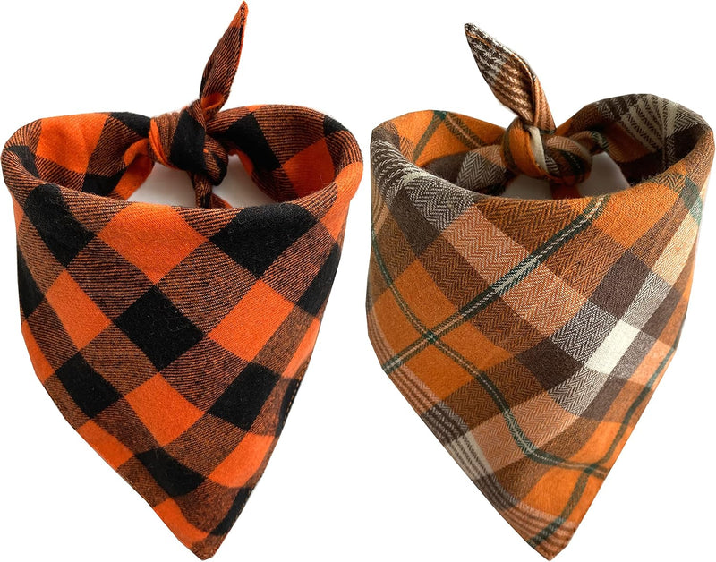 Realeaf Fall Dog Bandanas 2 Pack, Orange Plaid Pet Scarf for Boy and Girl, Premium Durable Fabric, Holiday Halloween Tha