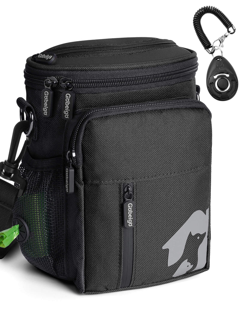 Gobeigo 8 Cup Dog Treat Pouch and Training Clicker, Dog Walking Bag with Phone Holder, Built-in Poop Bag Dispenser, 3 Ways Wearable Pet Fanny Pack for Outdoor Travel (Full Black)