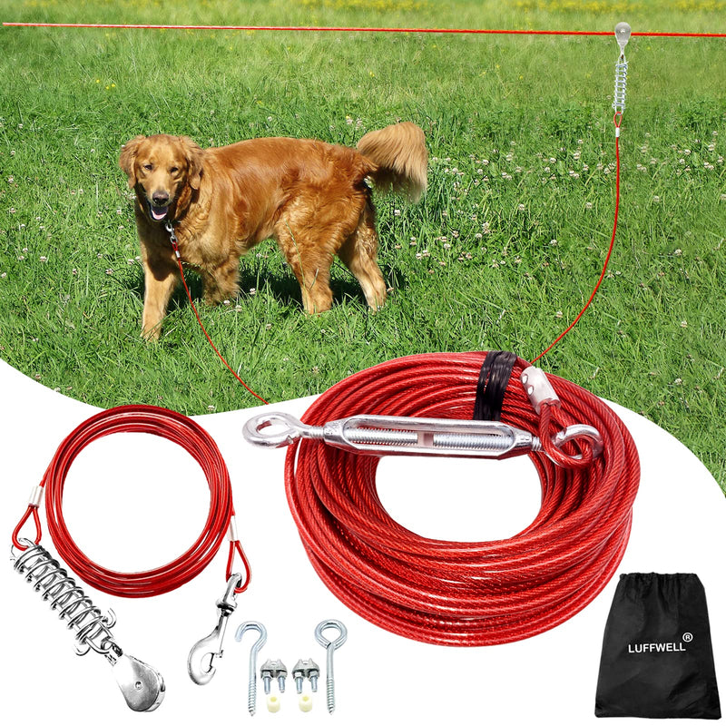 LUFFWELL 100FT Dog Runner for Yard with 15FT Tie Out Cable - Heavy Duty Trolley System for Large Dogs Up to 250LBS, Backyard/Park/Camping Use (Red, 100FT+15FT)