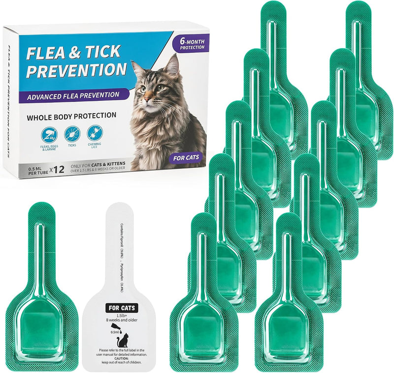 12Pcs Cat Flea&Tick Topical Drops, Flea and Tick for Cats & Kittens 8 Weeks or Older, Monthly Use