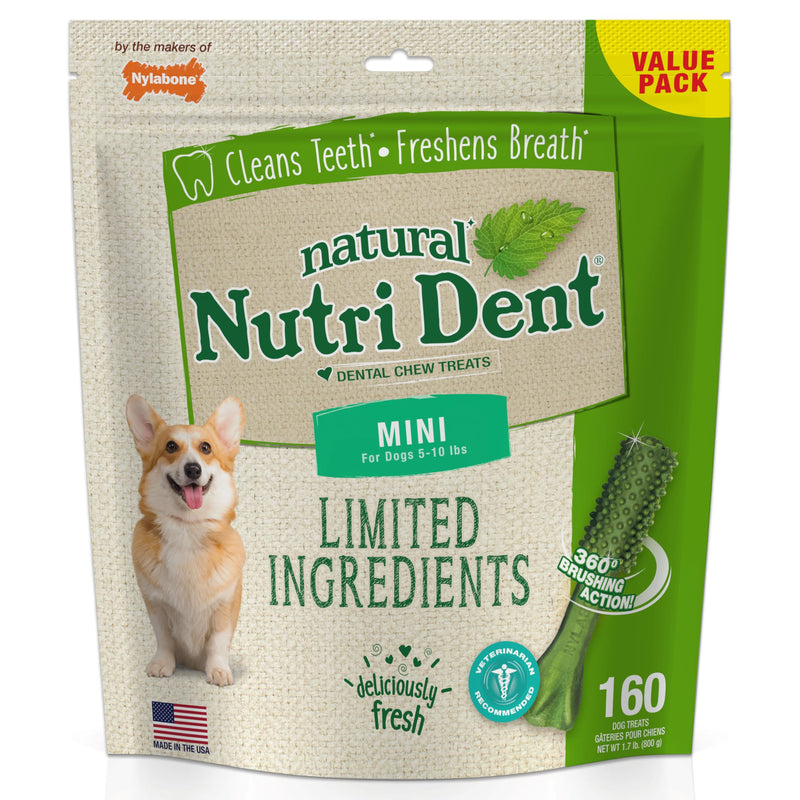 Nylabone Nutri Dent Natural Dental Chews for Dogs, Limited Ingredient Dog Treats Made in the USA, Clean Teeth & Fresh Breath, Healthy Dog Chews, Fresh Breath Flavor, For X-Small Dogs, (160 Count)
