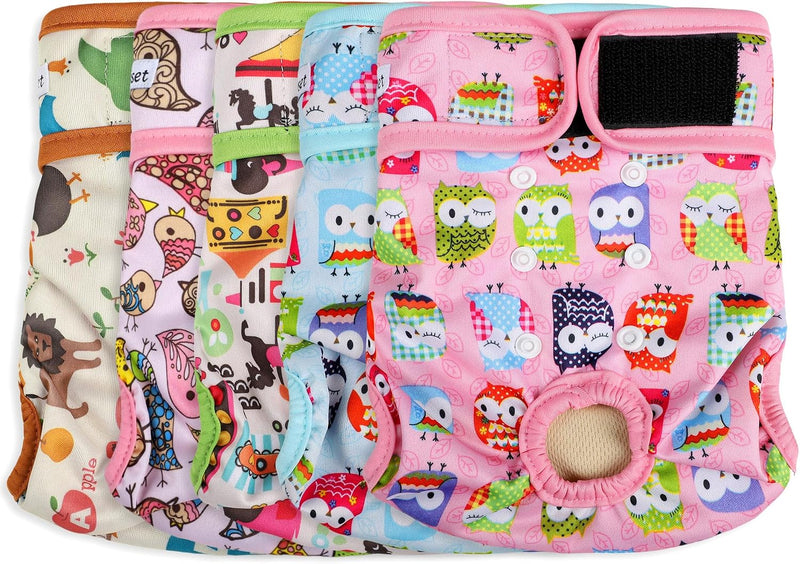 Dog Diapers Female 5pcs,Reusable Dog Doggie Puppy Doggy Diapers Female, Period Panties in Heat, Owl, Large