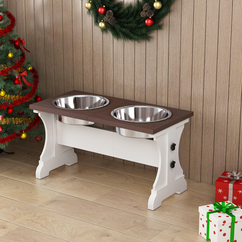 Piskyet Elevated Dog Bowls,Farmhouse Dog Bowls Stand, Raised Dog Bowl with 2 Stainless Steel Wooden Dogs Bowls,7 Cups 11''H_55 oz Bowl-Farmhouse Style