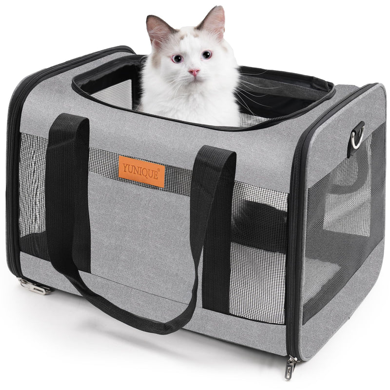 YUNIQUE Soft-Sided Cat & Dog Carrier for Pets Up to 15 Lbs, Airline Approved Collapsible Travel Puppy Carrier with Lightweight Fabric Design (Grey)