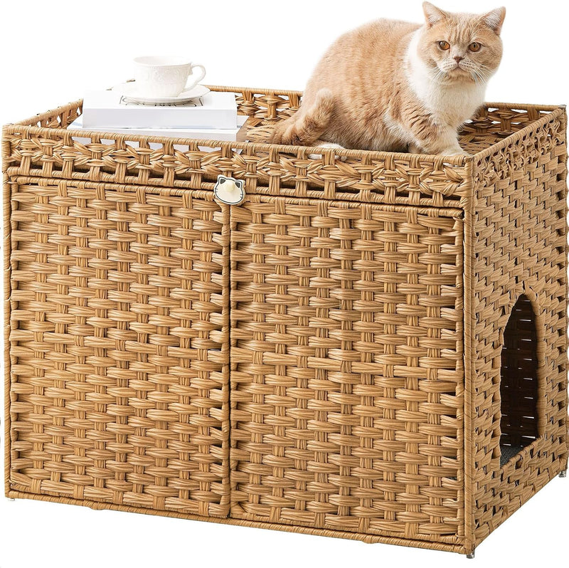 SETVSON Cat Litter Box Enclosure Furniture, Handwoven Rattan Hidden Litter Box with Mat, Large Space Cat House with 2 S-Shaped Hooks 30.3 x 18.3 x 24.4 Inches, Indoor for Living Room Apartment Natural