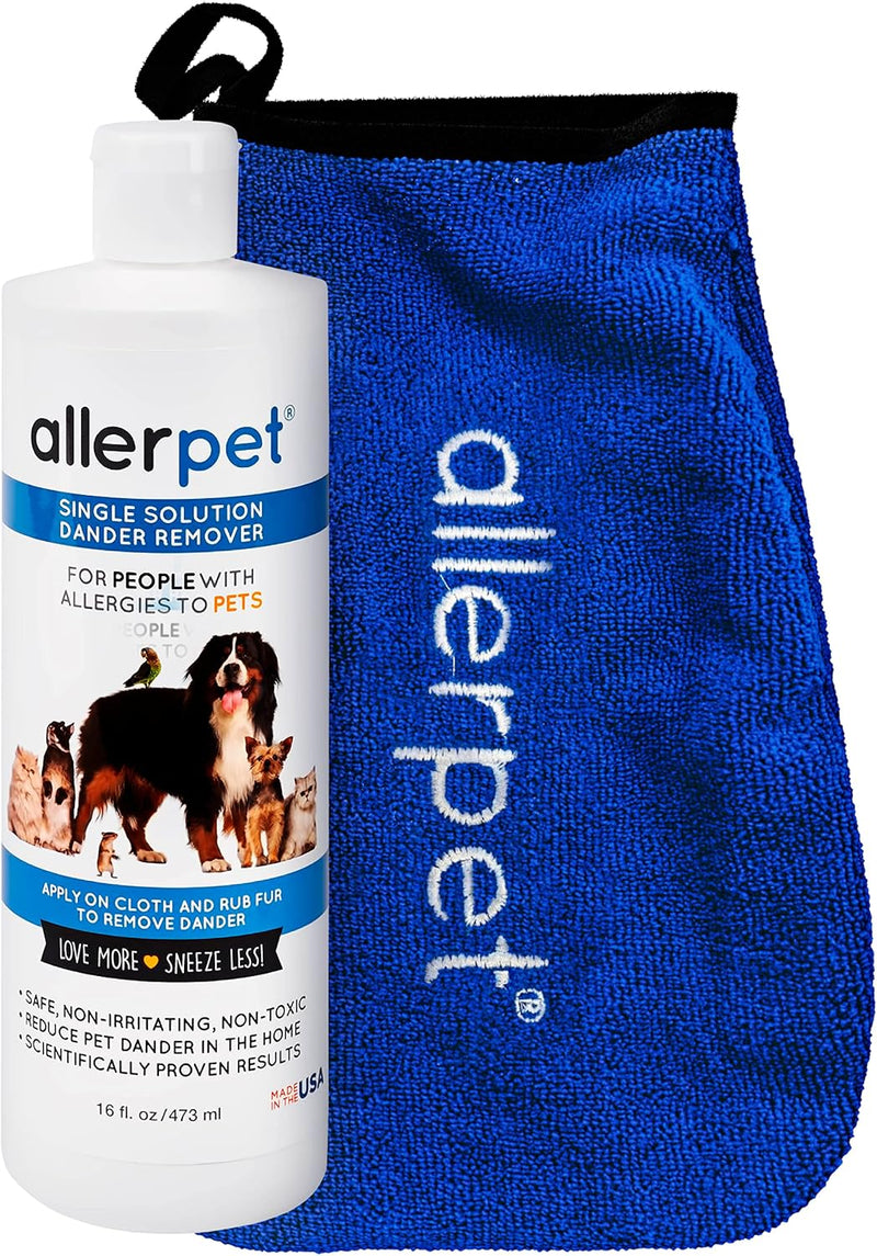 Allerpet Single Solution 16 fl oz Bottle Dander Remover for Pets - Relieves Allergies - Bonus Mitt to Easily Apply Solut