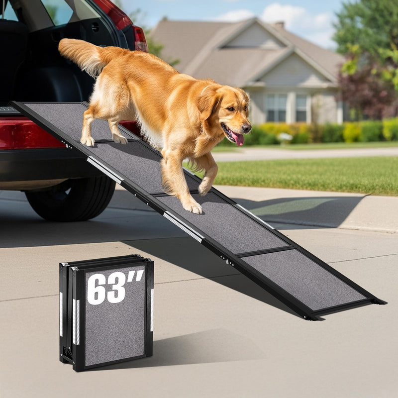 PATHOSIO PETS Portable Dog Ramp for Car – Foldable Dog Car Ramp for Truck, SUV, High Bed & Sofa with Anti-Slip Feet & Traction Carpet – Small to Large Breeds (63