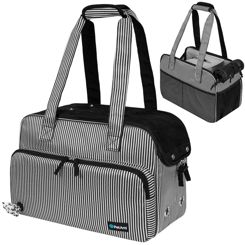 PetAmi Small Dog Purse Carrier, Soft-Sided Pet Carrier Bag with Pockets, Portable Puppy Cat Travel Handbag Tote, Airline Approved Breathable Mesh, Poop Bag Dispenser, Max 18 lbs, Stripe Black