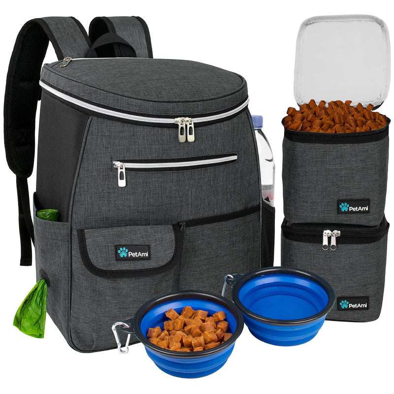 PetAmi Dog Travel Bag Backpack, Airline Approved Dog Bags for Traveling, Puppy Diaper Bag Supplies, Pet Camping Essentials Hiking Accessories Dog Mom Gift, Food Container, Collapsible Bowls, Dark Gray