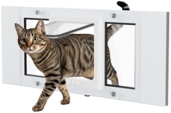 SAKSUN Cat Door for Window Weatherproof: Aluminum Frame Flap Pet Door Quick Fit Window Insert - Easy Adjustable to Fit Windows Width 27