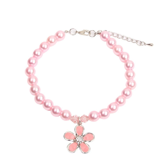 XKSRWE Dog Cat Pearls Collar Necklace with Rhinestones Flower Charm Pendant Pet Puppy Jewelry Accessory (Pink, Medium)