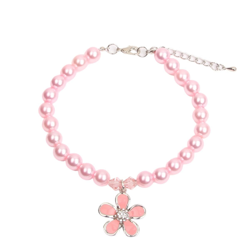 XKSRWE Dog Cat Pearls Collar Necklace with Rhinestones Flower Charm Pendant Pet Puppy Jewelry Accessory (Pink, Medium)