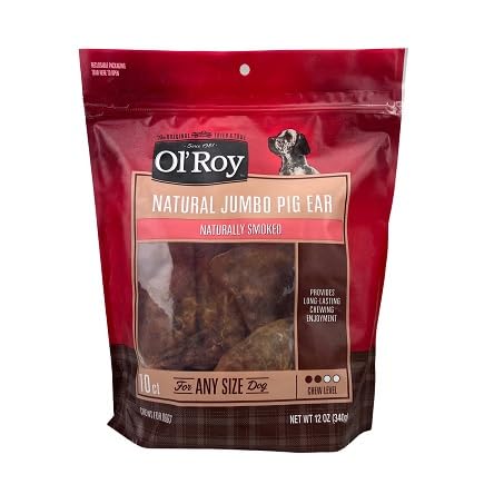 Natural Jumbo Pig Ear Dog Chews – 10 Count, 12 oz Bag, Long-Lasting Pork Hide Treats for All Dog Sizes, Smoked Flavor, Single Ingredient Chews for Daily Chewing and Entertainment