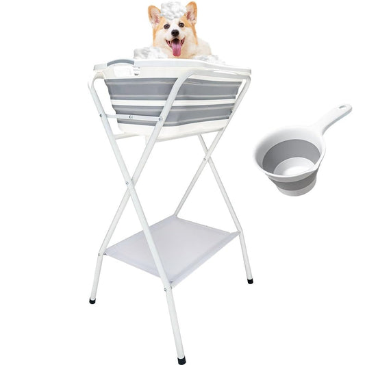 ROSESGUSHI Elevated Dog Bathtub for Small to Medium Dogs, Foldable Pet Bathing Station with Built-in Drain and Safety Tether, Portable Back-Saving Raised Dog Wash Tub for Indoor Outdoor Use