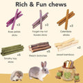 Jorewood Rabbit Chew Toys,Natural Hanging Basket with Sweet Bamboo,Timothy Hay,Peach Sticks for Bunny Chinchillas Guinea