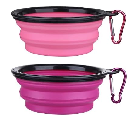 Collapsible Pet Bowl Set, Portable Silicone Travel Food Water Bowls with Carabiner Clip, Multi-Color, Space-Saving Design for Dogs Cats (Purple & Pink)