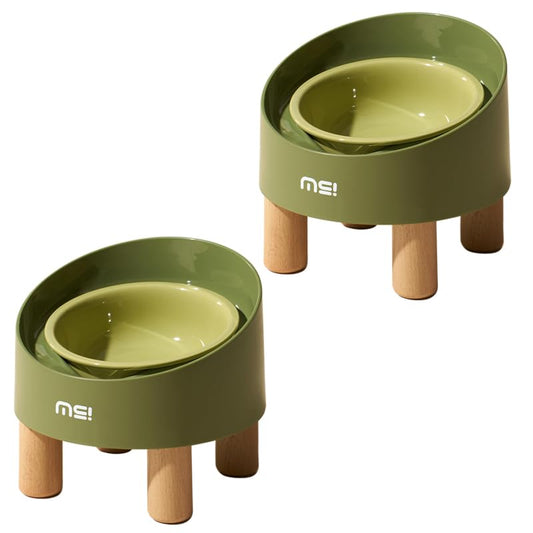 Ceramic Elevated Cat Bowls, Adjustable Raised Double Bowls Set, Pet Bowl with Anti Slip Rubber Pad, Leak-Proof, Stress Neck Free Food & Water Bowls for Small Dogs Geen