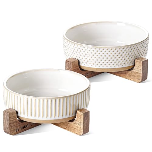 LE TAUCI PET Ceramic Dog and Cat Bowl Set with Acacia Wood Stand - 2 Cup Weighted Non-Slip Food and Water Bowls for Small Dogs & Cats, Lines + Dot
