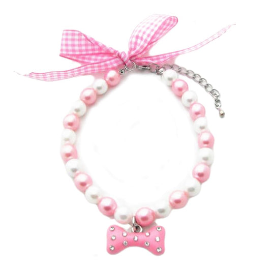 PetFavorites Fancy Diamond Dog Necklace Jewelry with Bling Pearls Rhinestones Bone Charm for Pets Cats Small Dogs Girl Teacup Chihuahua Yorkie Clothes Costume Outfits (Pink, 10-Inch)