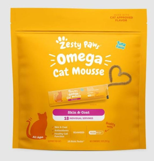 Zesty Paws Omega Cat Mousse Squeezable Cat Treats - with Seaweed, Omega Fatty Acids, Antioxidants Vitamins & Minerals - Skin & Coat Support for Cats - Tuna Fish Flavor - 18 Count