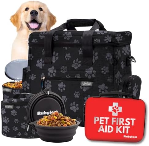 Rubyloo Pet Travel Bundle – Original Doggy Bag (Paw Print) + Vet-Approved Pet First Aid Kit for Dogs & Cats