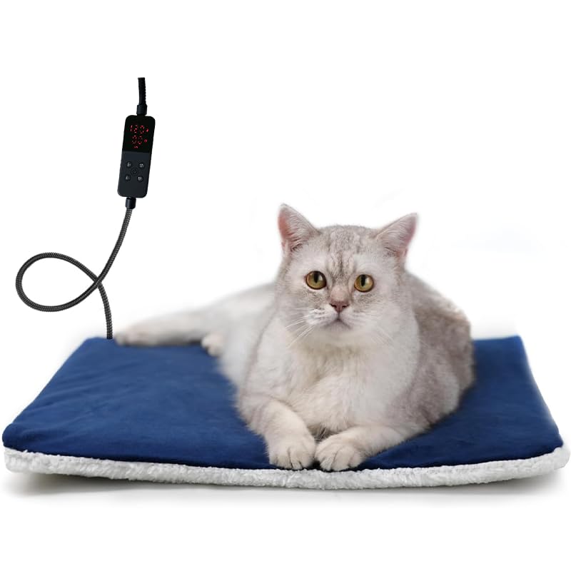 Rest-Eazzzy Pet Heating Pad Indoor, Dog Heating Pad Mat with Removable Cover, 5 Level Timer 5 Level Temperature, Electric Pet Warming Mat for Cat Dog Automatic Power-Off (Heat pad, Pure-Blue)