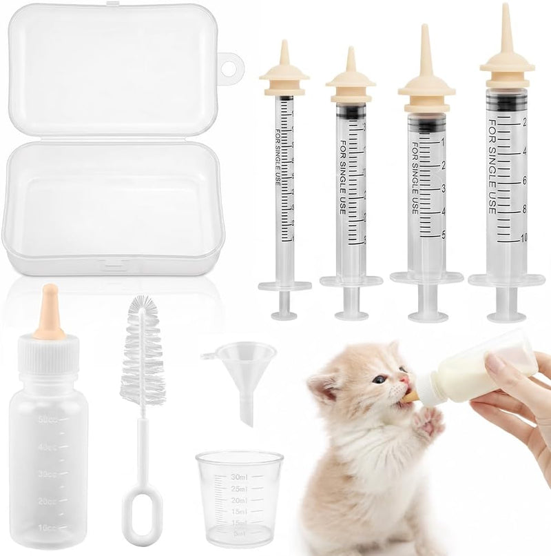 Pet Nursing Kit for Newborn Kittens Puppies & Small Animals, Kitten Bottle Feeding Kit with Silicone Nipples, Syringes, 