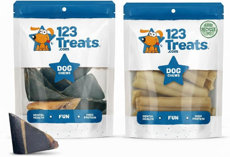 123 Treats Natural Dog Chew Bundle – 50 Count Cow Hooves + 1 lb Assorted Lamb, Beef, Pork & Chicken Jerky | Long-Lasting