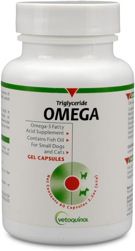 Vetoquinol Triglyceride Omega 3 Supplement for Dogs and Cats, Fish Oil Supplement with EPA and DHA, Promotes Skin, Coat, Joint, and Immune Health, Omega 3 Fish Oil for Dogs and Cats up to 30lbs, 60ct
